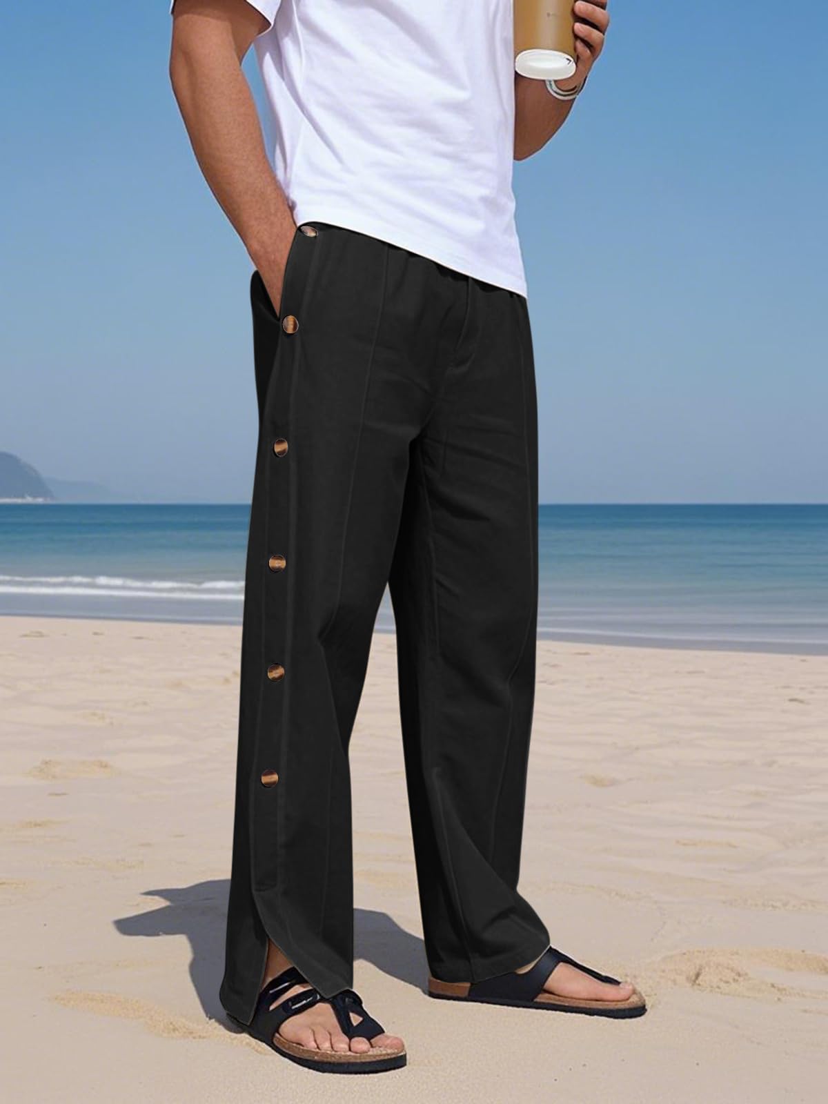 TRFIC Mens Linen Pants Summer Casual Button Straight Beach Pants Baggy Elastic Waist Drawstring Yoga Trousers with Pockets - Image 3