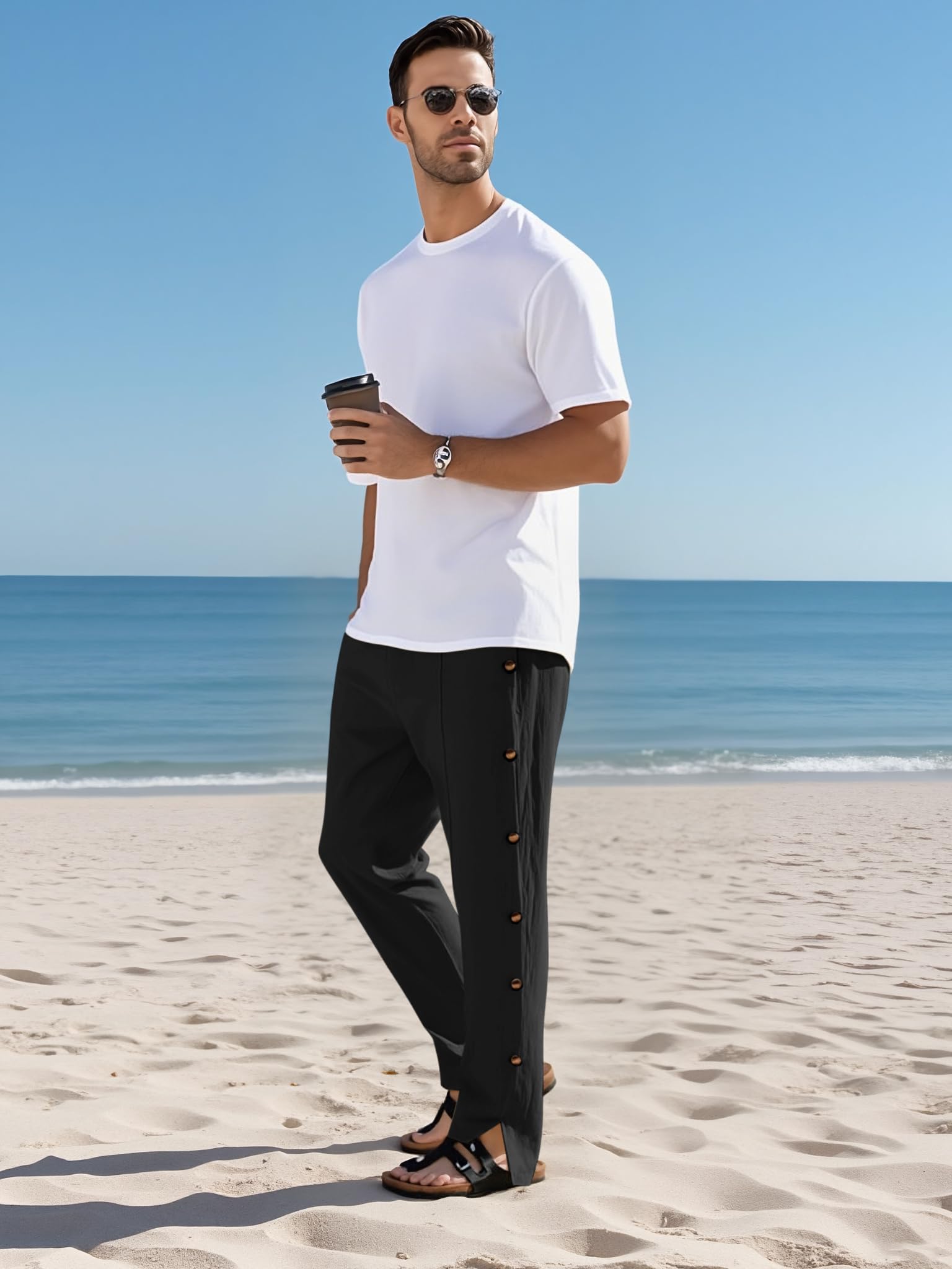 TRFIC Mens Linen Pants Summer Casual Button Straight Beach Pants Baggy Elastic Waist Drawstring Yoga Trousers with Pockets - Image 4