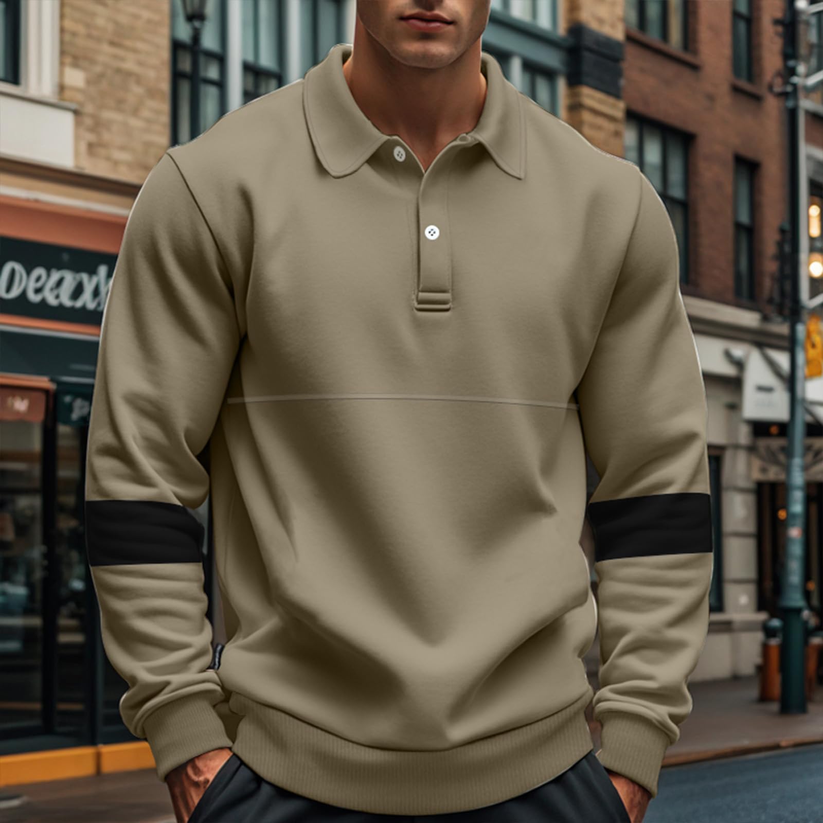 TRFIC Mens Quarter Sweatshirt Casual Long Sleeve Polo Collar Quilted Sweatshirt Striped Button Pullover Shirts - Image 3