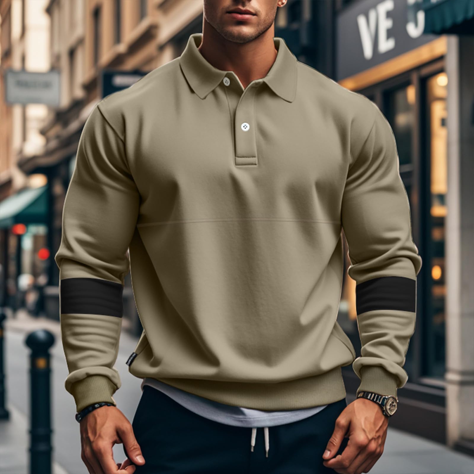 TRFIC Mens Quarter Sweatshirt Casual Long Sleeve Polo Collar Quilted Sweatshirt Striped Button Pullover Shirts - Image 6