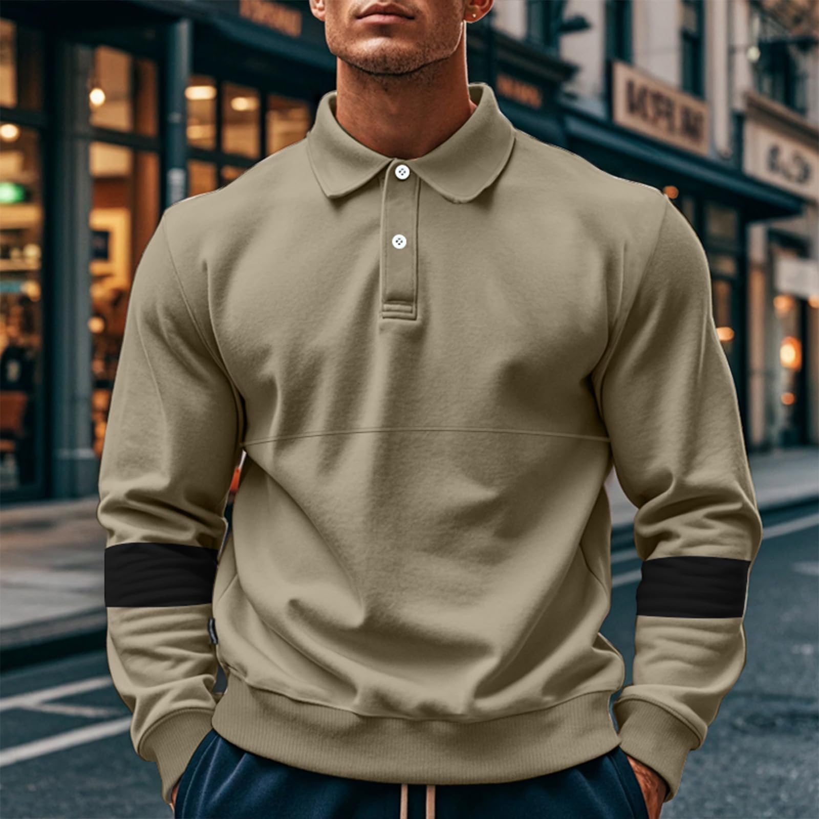 TRFIC Mens Quarter Sweatshirt Casual Long Sleeve Polo Collar Quilted Sweatshirt Striped Button Pullover Shirts - Image 7